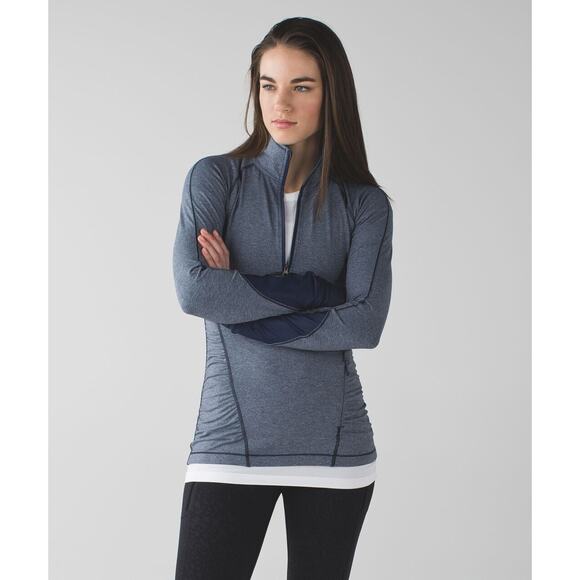 lululemon athletica Tops - Lululemon Kriss Cross 1/2 Zip Pullover Heathered Inkwell Blue Thumbholes Size 6